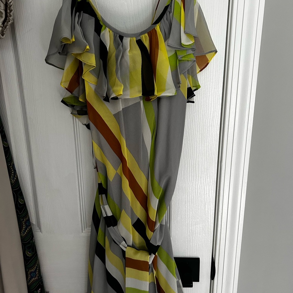 Tibi Asymmetrical Dress in Gray and Yellow Stripes